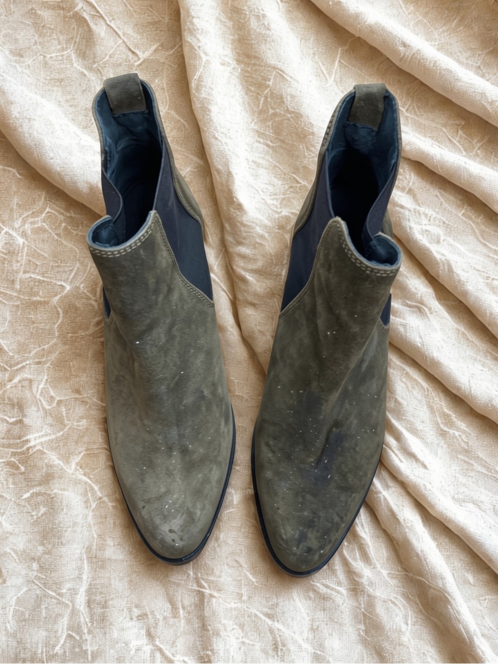Olive Suede Chelsea Booties with Elastic Side Panels, Made in Spain